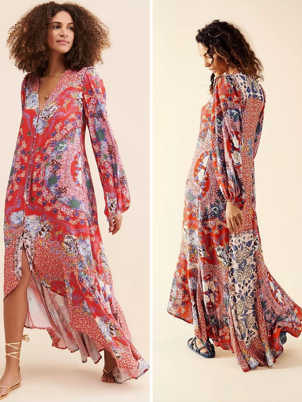 Free People Flowy Ruffle Maxi Dress | Button Front | Patchwork Boho Style